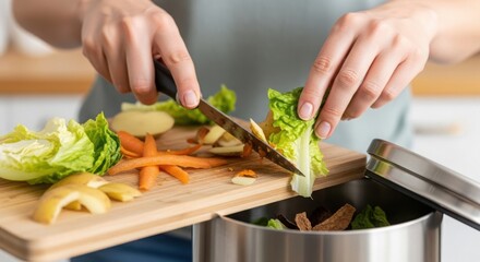 Food waste separation with organic scraps and vegetable peelings on wooden board. Food waste includes lettuce leaves, apple and carrot peelings, all sorted for recycling in metallic bin.