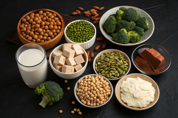 A neatly arranged mix of protein-rich foods — lentils, chickpeas, beans, tofu, milk, broccoli, nuts, seeds, cocoa, and protein powder.