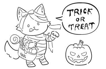 ミイラ男の仮装をした狼(犬)のゆるかわいいハロウィンイラスト（線画）