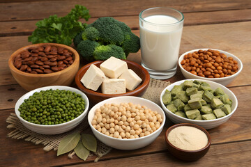 A neatly arranged mix of protein-rich foods — lentils, chickpeas, beans, tofu, milk, broccoli, nuts, seeds, cocoa, and protein powder.