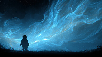 Fototapeta premium A lone astronaut silhouette stands within a glowing digital galaxy, surrounded by neon star clusters, holographic constellations, and swirling data-light formations.