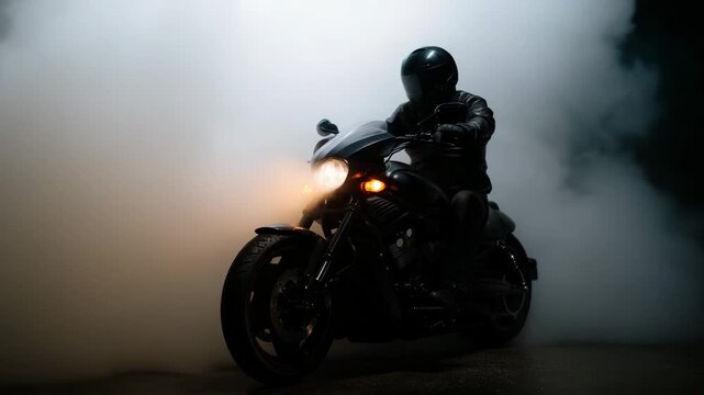 Dramatic night photo of a motorcyclist on a black chopper surrounded by dense smoke. The rider, dressed in full black leather gear and helmet 4kk