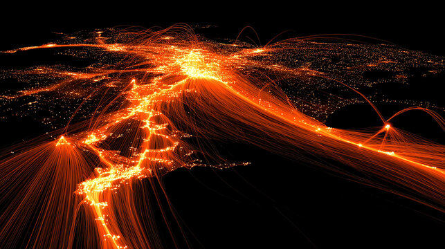 Glowing particle streams flow across a stylized cityscape, symbolizing shifting collective sentiment and emotional energy moving through an interconnected urban network.