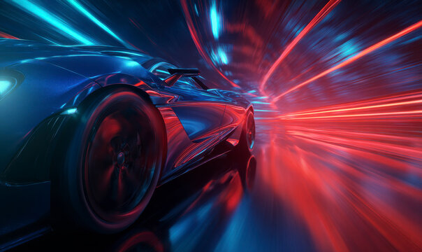 Sleek blue sportscar speeds through a neon light tunnel at high velocity.