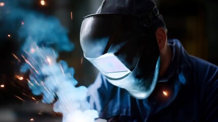 Industrial welder working with sparks flying powerful visual of craftsmanship, precision, and energy in motion. welder, metalwork, sparks, industry, factory video 4K