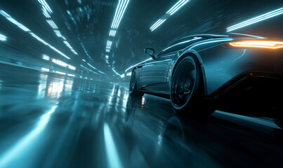 Obraz premium Sleek vehicle speeds through tunnel illuminated by blue, glowing lights.