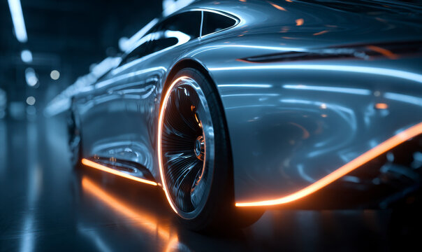Sleek and modern car design featuring neon lights accenting the silhouette. - Powered by Adobe