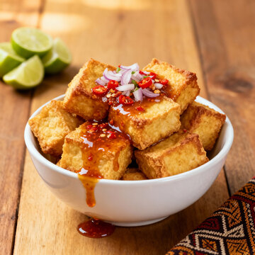 Realistic photo of Indonesian tahu gejrot with spicy sweet sauce.
