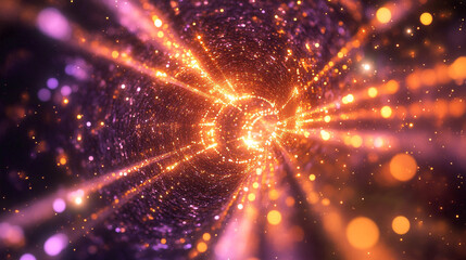 Naklejka premium Glowing light particles create an infinite hyperspeed tunnel, forming a vibrant, dynamic corridor of motion and depth, evoking sci-fi travel through space at light speed.