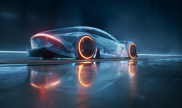Futuristic car concept with glowing wheels speeding through the night time.