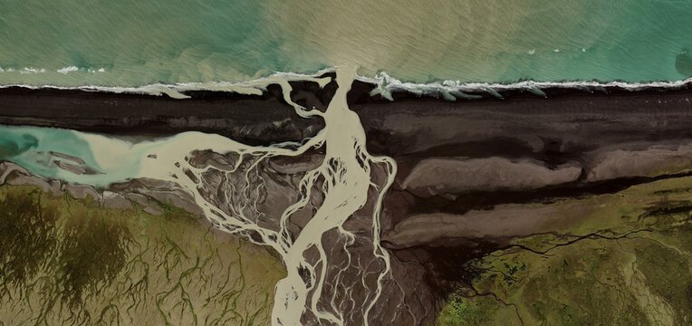 Braided River Delta Aerial View Iceland Glacial Sediment