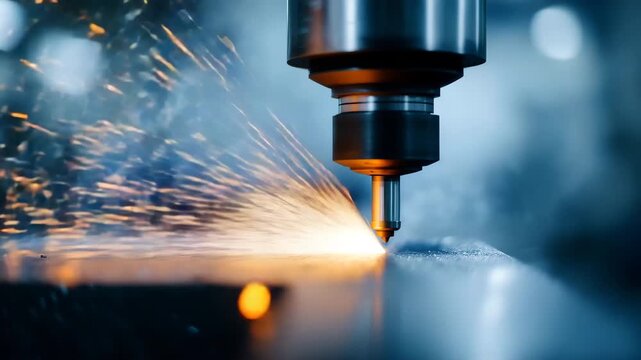 video 4k Close-up of industrial CNC machine tool creating sparks while grinding metal concept of innovation, precision, and mechanical strength. industrial process, CNC grinding, metallurg