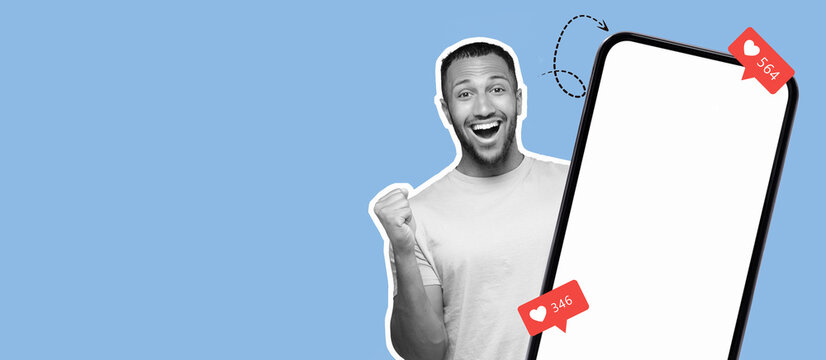 A joyful person is showing enthusiasm while engaging with a smartphone. The screen is blank, emphasizing the user's excitement about social media likes and interactions.