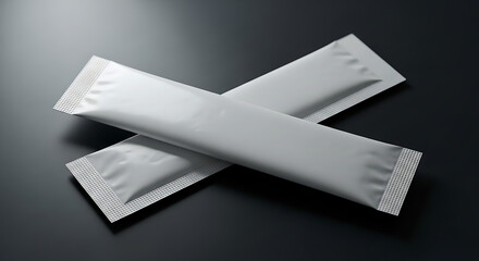 Blank white single-serving sachets, ideal packaging for instant coffee, tea, or nutritional supplements, presented on a minimalist dark background