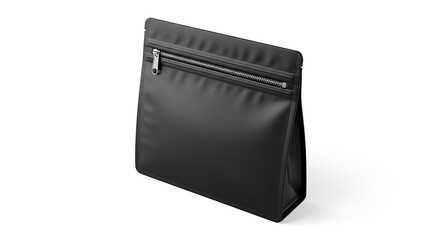 Photorealistic render of a modern matte black flexible packaging bag with convenient zipper closure, ideal for various product mockups and branding