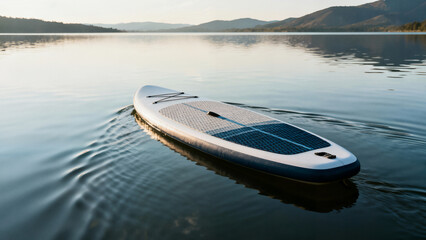 Close-up of a stand-up paddleboard floating peacefully on the reflective surface of a calm lake with mountains in the distance at sunset.