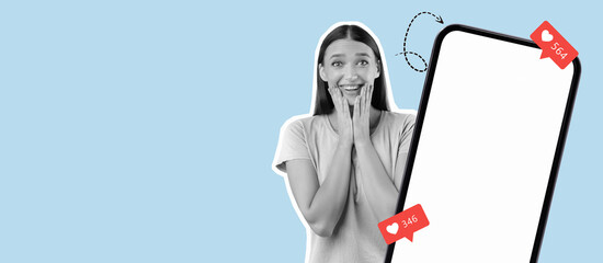 A woman shows delight with a surprised expression as she receives social media notifications on her phone. The bright background enhances her joyful reaction to the online interaction.