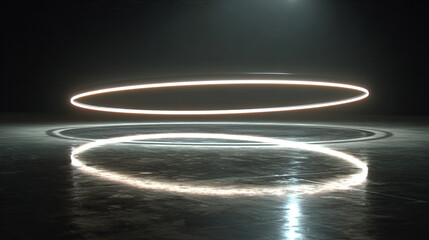 Light ring hovering over black mirror surface with glowing reflection creating a futuristic minimalist aesthetic symbolizing technology elegance focus and modern digital design