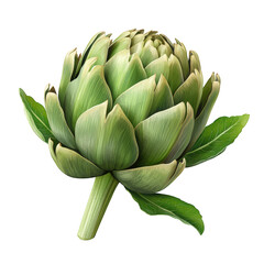 Fototapeta premium A vibrant green artichoke isolated on transparent background, displaying its layered bracts, conical shape, and fresh appearance, often used as a culinary delicacy