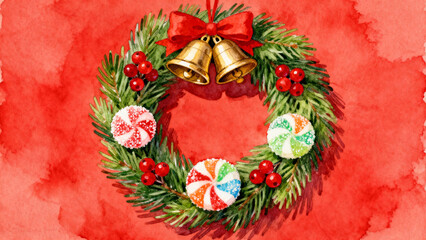 Watercolor Christmas wreath with bells, candy canes, and holly berries on red background