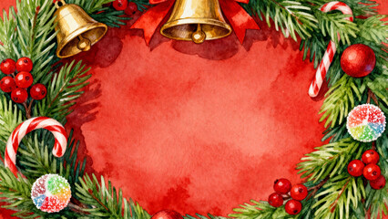 Christmas wreath with pine branches, red berries, candy canes, ornaments, and golden bells on a red background