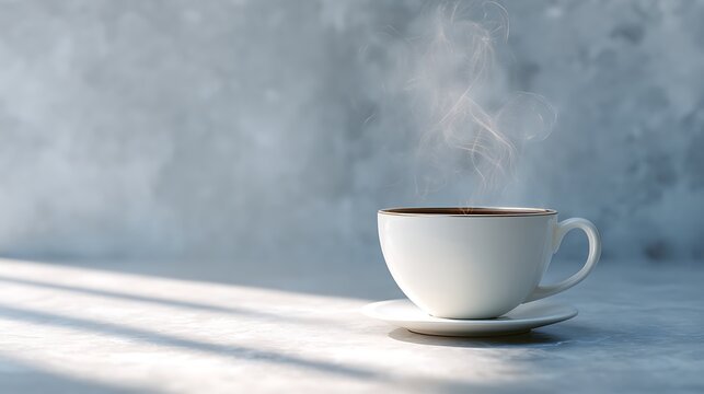 White coffee cup steaming hot beverage on saucer with abstract background perfect for relaxation