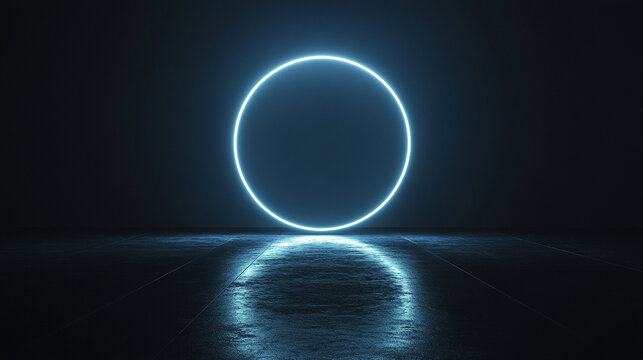 Light ring hovering over black mirror surface with glowing reflection creating a futuristic minimalist aesthetic symbolizing technology elegance focus and modern digital design