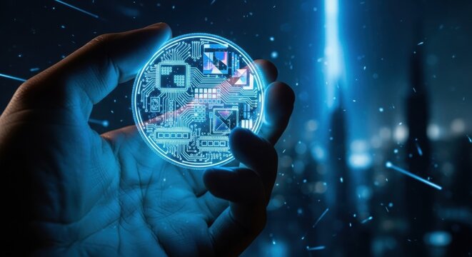 A hand holds a glowing digital coin, symbolizing cryptocurrency and blockchain technology in a futuristic city.