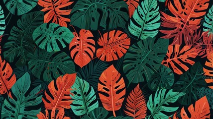 Vibrant tropical foliage pattern with bold orange and green leaves, abstract botanical art.