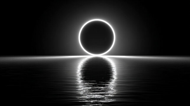 Light ring hovering over black mirror surface with glowing reflection creating a futuristic minimalist aesthetic symbolizing technology elegance focus and modern digital design