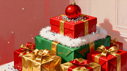Stacked Christmas gift boxes in red, green, and gold with festive decorations and a red ornament on top