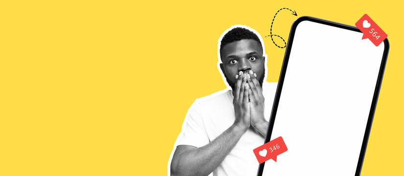 A surprised man is shown covering his mouth with his hands while looking at a large smartphone. Bright yellow background adds energy. He seems shocked by the number of notifications on the screen.