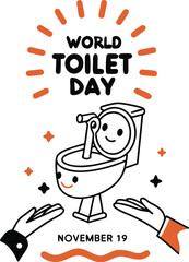 World Toilet Day Logo Featuring Smiling Toilet and Supportive Hands Illustration.