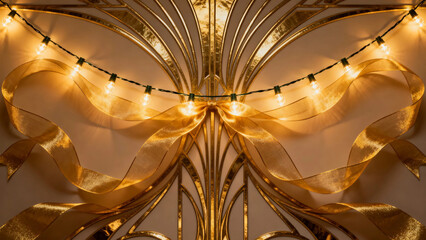 Golden decorative ribbons and string lights arranged in an elegant, symmetrical pattern with warm illumination.