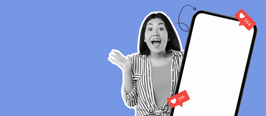 A dynamic collection showcasing a joyful person expressing excitement with a smartphone. Engaging social media icons feature prominently, reflecting interactions and reactions.