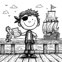 Stick figure pirate on a ship?? deck, holding a treasure map with a parrot on the shoulder. Grinning face and eye patch. Ocean background with basic sails and flag. Bold outlines, no texture. --s 250