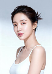 Portrait of a woman with neat hairstyle wearing a white tank top against a soft gradient background