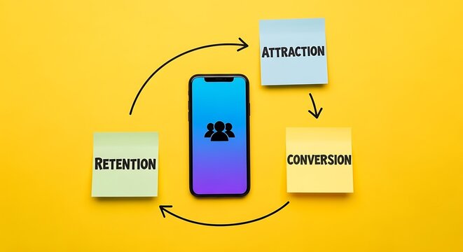 Mobile phone with attraction, conversion, and retention cycle on yellow background - Powered by Adobe