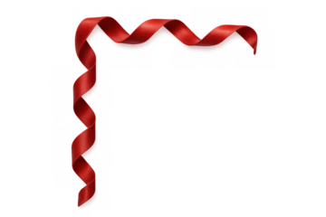 Red satin ribbon gracefully curling, forming a corner frame with a border for various design elements. Transparent background