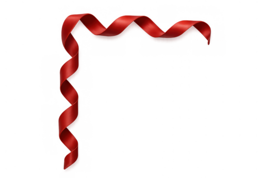 Red satin ribbon gracefully curling, forming a corner frame with a border for various design elements. Transparent background - Powered by Adobe