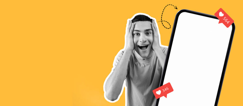 A young man expresses surprise and joy while looking at a smartphone. Bright colors highlight his excitement about social media likes. This collage showcases the modern online experience. - Powered by Adobe