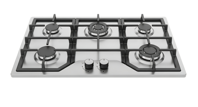 Modern stainless steel five burner gas cooktop with grates