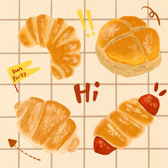 bread bakery menu oil pastel illustration with background