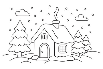 Simple Christmas coloring page featuring a cozy winter cottage with snow, pine trees, and falling snowflakes. Cute outline vector illustration, easy to color for kids.