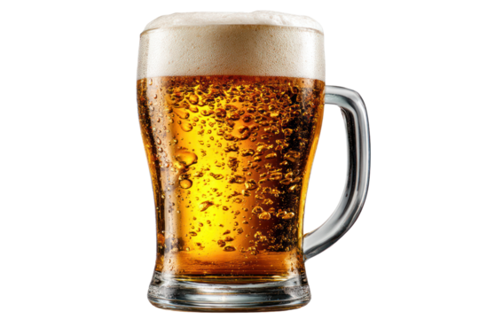 Refreshing Beer Mug: A chilled glass beer mug brimming with a golden, bubbly brew and a creamy head, offering a visual invitation to a moment of pure refreshment.