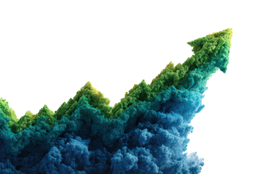 Upward Trajectory of Growth: An artistic illustration depicts a dynamic upward-pointing arrow formed by a vibrant cloud of smoke, symbolizing the continuous growth and positive progress.