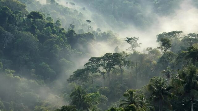 Misty tropical rainforest canopy at dawn with lush green trees