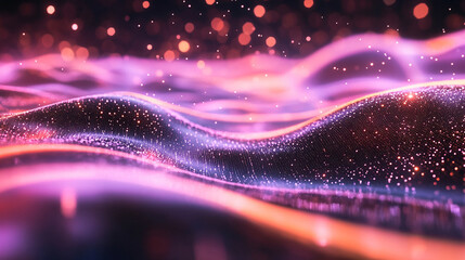 Glowing strands drift through space like digital fibers, creating a futuristic, ethereal, and abstract visualization of flowing energy and immersive technological networks.
