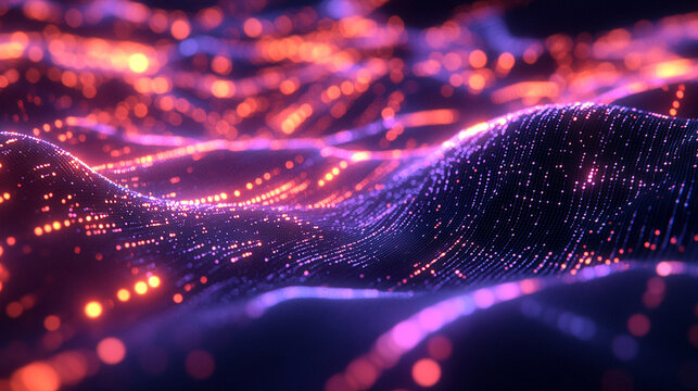 Glowing strands drift through space like digital fibers, creating a futuristic, ethereal, and abstract visualization of flowing energy and immersive technological networks.
