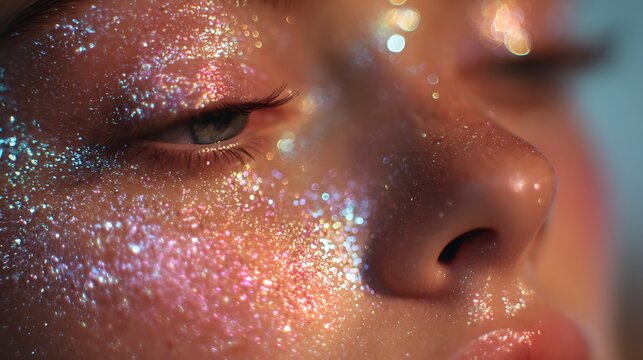 Close up of face with glitter makeup for beauty and fashion trends and editorial photography